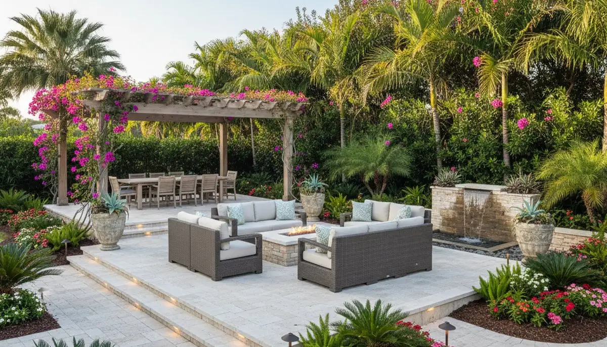 Backyard entertaining patio with lighting and lush landscaping design in Palm Harbor FL by Chop Chop Landscaping
