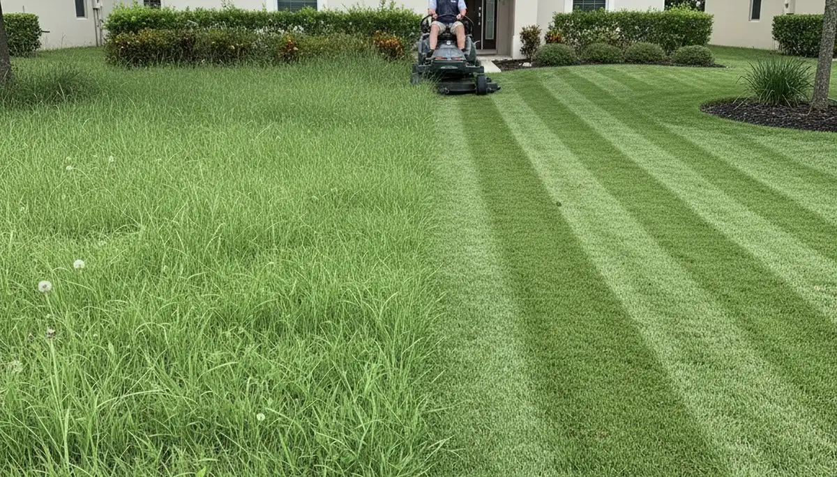 Before and after professional lawn mowing showing lush green yard transformation in Palm Harbor, FL