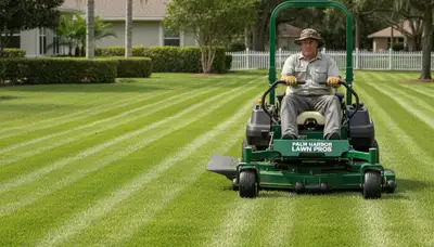 Commercial mower creating striped lawn patterns during professional mowing service in Palm Harbor, FL