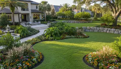 Complete residential landscape transformation with lawn, plants, and hardscape in Palm Harbor, FL