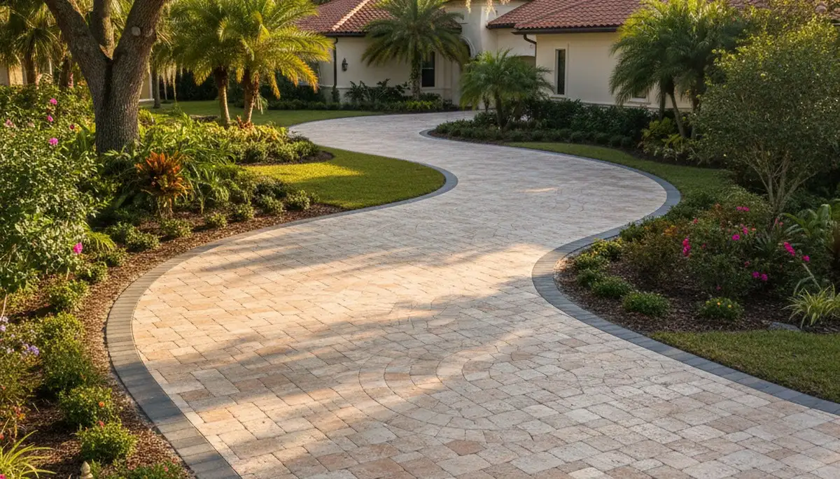 Curved paver driveway design by professional landscapers in Palm Harbor, FL showcasing expert craftsmanship
