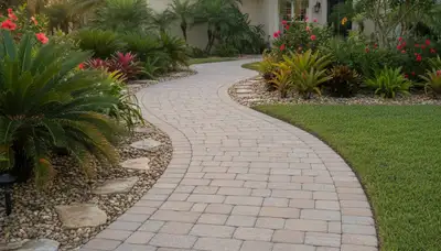 Curved stone paver pathway with expert landscaping in Palm Harbor, FL by Chop Chop Landscaping