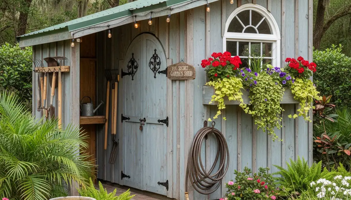 Decorative garden shed with lush landscape design by Chop Chop Landscaping in Palm Harbor, FL