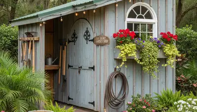 Decorative garden shed with lush landscape design by Chop Chop Landscaping in Palm Harbor, FL