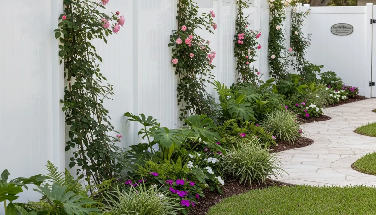 Elegant fence with climbing plants and landscape beds by Chop Chop Landscaping in Palm Harbor, FL