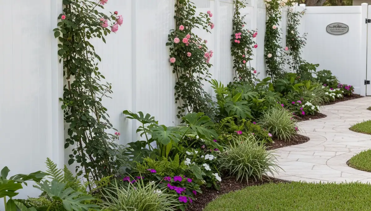 Elegant fence with climbing plants and landscape beds by Chop Chop Landscaping in Palm Harbor, FL