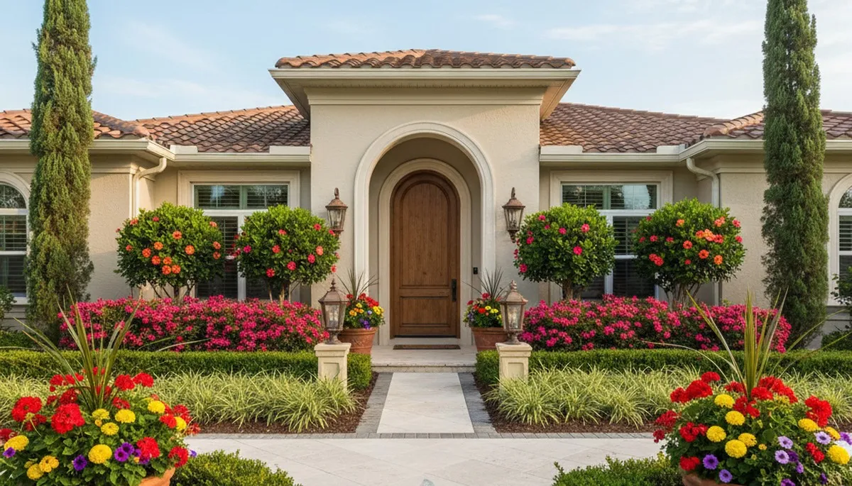 Front yard landscaping with colorful flowers and shaped shrubs in Palm Harbor, FL enhancing curb appeal
