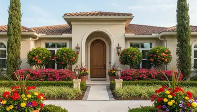 Front yard landscaping with colorful flowers and shaped shrubs in Palm Harbor, FL enhancing curb appeal