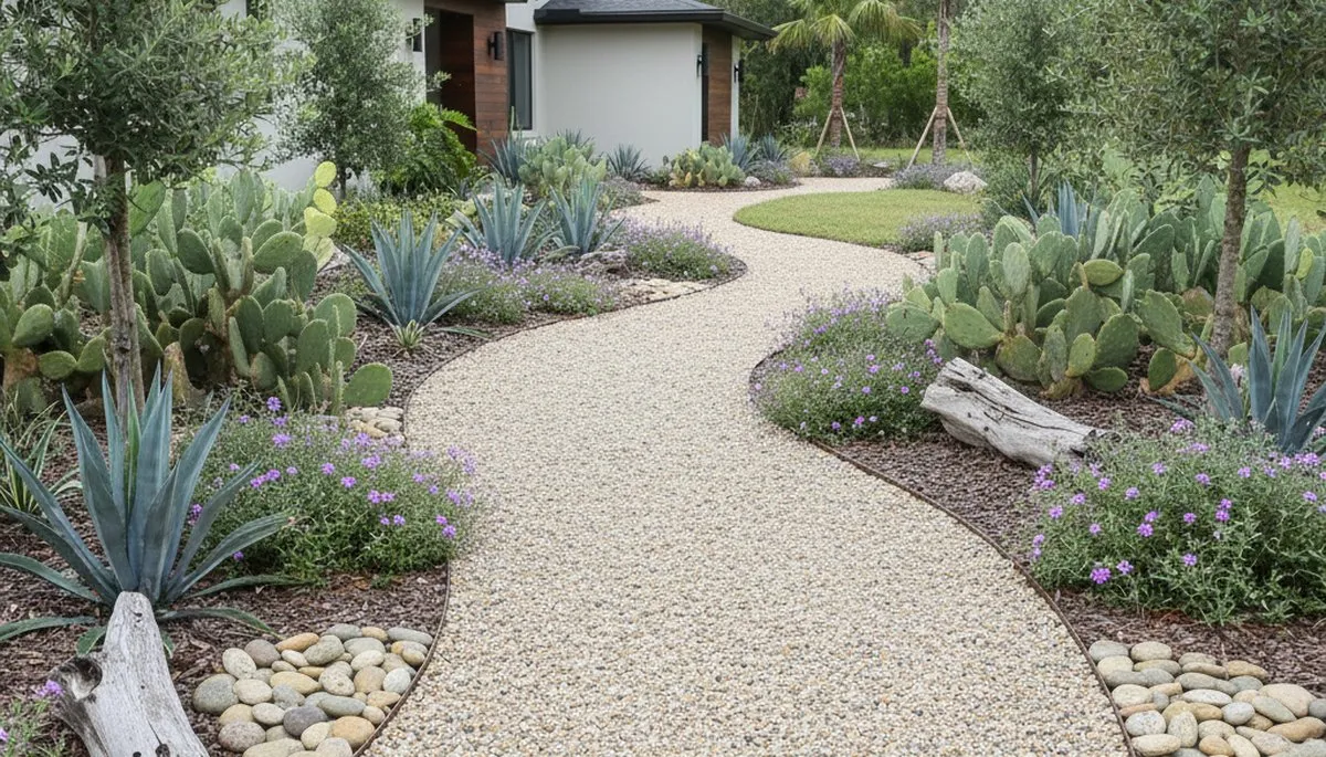 Pea gravel garden pathway in Palm Harbor FL showcasing professional landscaping and drainage design