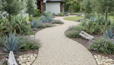 Pea gravel garden pathway in Palm Harbor FL showcasing professional landscaping and drainage design