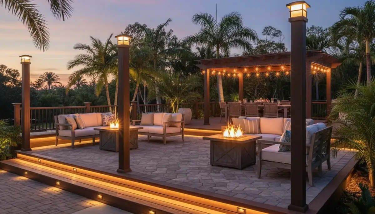 Professional landscape lighting with post cap and step lights on Palm Harbor, FL patio deck