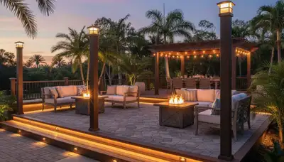 Professional landscape lighting with post cap and step lights on Palm Harbor, FL patio deck