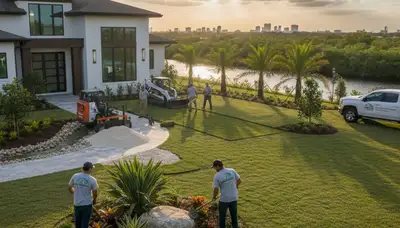 Landscaping crew providing lawn service in Palm Harbor, FL for a residential property