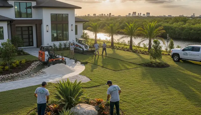 Landscaping crew providing lawn service in Palm Harbor, FL for a residential property