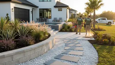 Landscape service crew in Palm Harbor, FL maintaining a residential lawn and edging turf area
