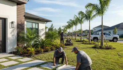 Landscaping crew providing lawn service in Palm Harbor, FL for a residential property