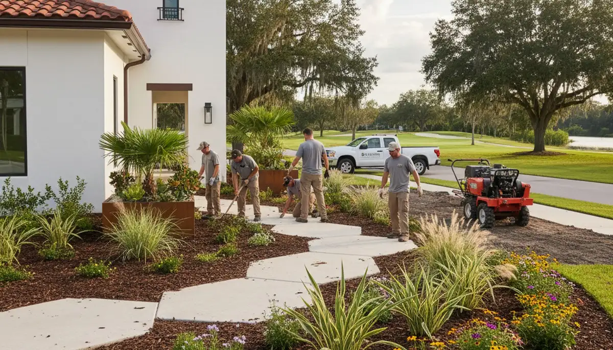 Palm Harbor, FL landscaping crew providing professional lawn care for a residential property