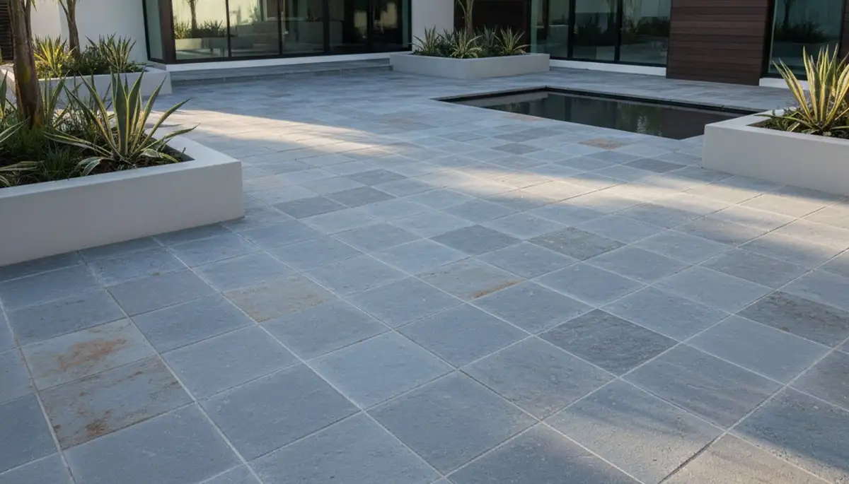 Modern large format stone paver patio installation by Chop Chop Landscaping in Palm Harbor, FL