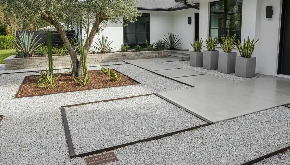 Modern minimalist pea gravel landscape design by Chop Chop Landscaping in Palm Harbor, FL