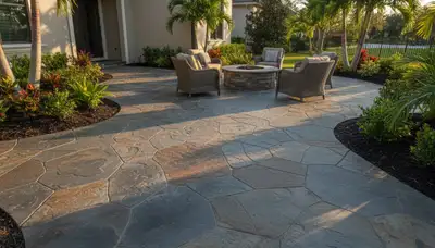 Flagstone patio with natural stone pavers installed by Chop Chop Landscaping in Palm Harbor, FL