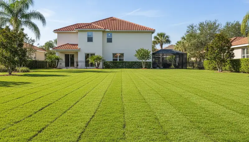 Newly installed vibrant green sod lawn in Palm Harbor FL showcasing professional landscaping results