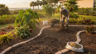 Applying organic compost to landscape beds for sustainable soil health in Palm Harbor, FL