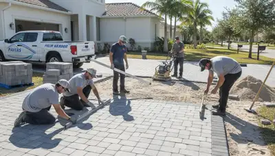 Workers installing driveway pavers in Palm Harbor, FL for professional landscaping service