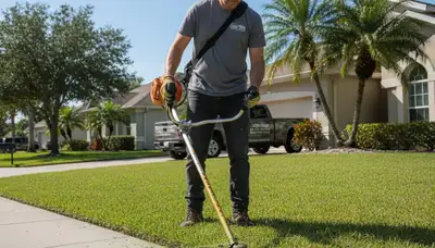 Technician edging lawn with string trimmer in Palm Harbor FL for precise, professional landscaping results