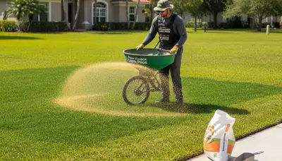Lawn care technician spreading fertilizer evenly on residential turf in Palm Harbor, FL