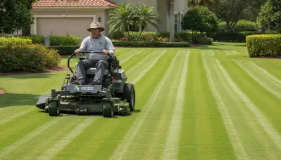 Crisp striped lawn with clean edges showing expert lawn mowing in Palm Harbor, FL by Chop Chop Landscaping