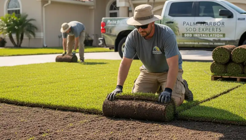 Professional landscaper installing sod rolls with precise technique in Palm Harbor, FL lawn