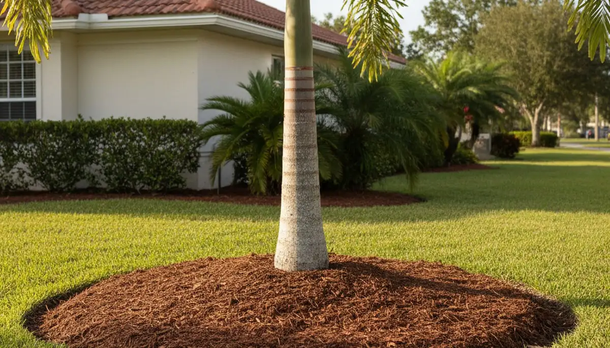 Professional tree ring mulching in Palm Harbor FL showcasing proper mulch depth and clean landscape finish