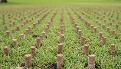 Close-up of soil core plugs after lawn aeration by Chop Chop Landscaping in Palm Harbor, FL