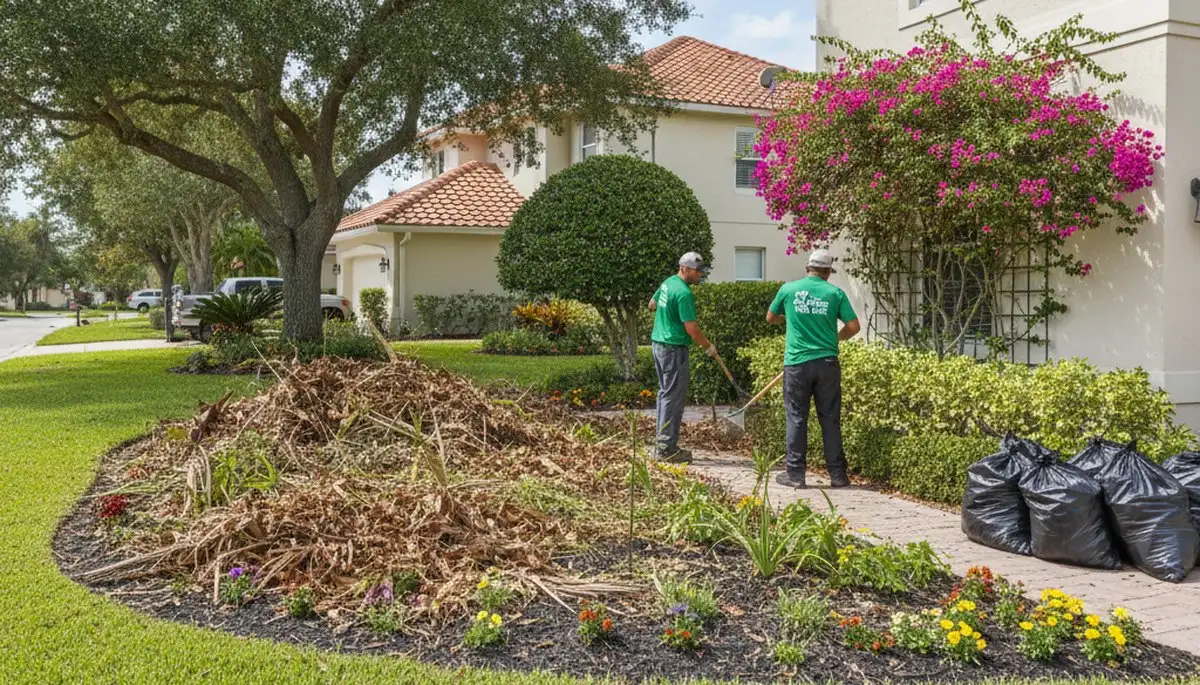 Spring yard clean up in Palm Harbor FL with landscapers removing winter debris and pruning garden beds