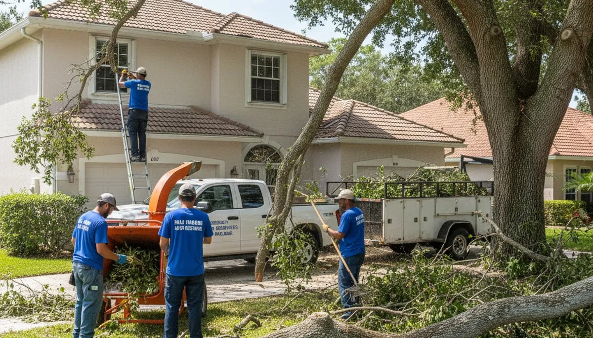 Workers performing storm debris cleanup and branch removal in Palm Harbor FL yard by Chop Chop Landscaping