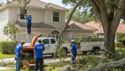 Workers performing storm debris cleanup and branch removal in Palm Harbor FL yard by Chop Chop Landscaping