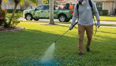 Technician applying targeted weed control spray on residential lawn in Palm Harbor, FL