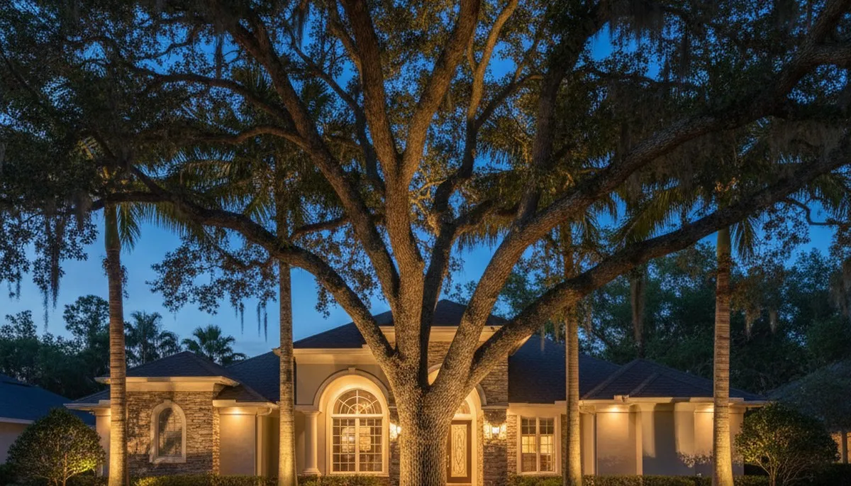 Mature trees with professional uplighting at night showcasing landscape lighting in Palm Harbor, FL